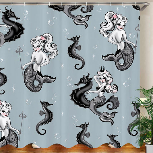JOOCAR Mermaid Shower Curtains for Bathroom Grey Cartoon Mermaid Princess Shower Curtain Polyester Fabric Waterproof Ocean Sea Shower Curtain Set with