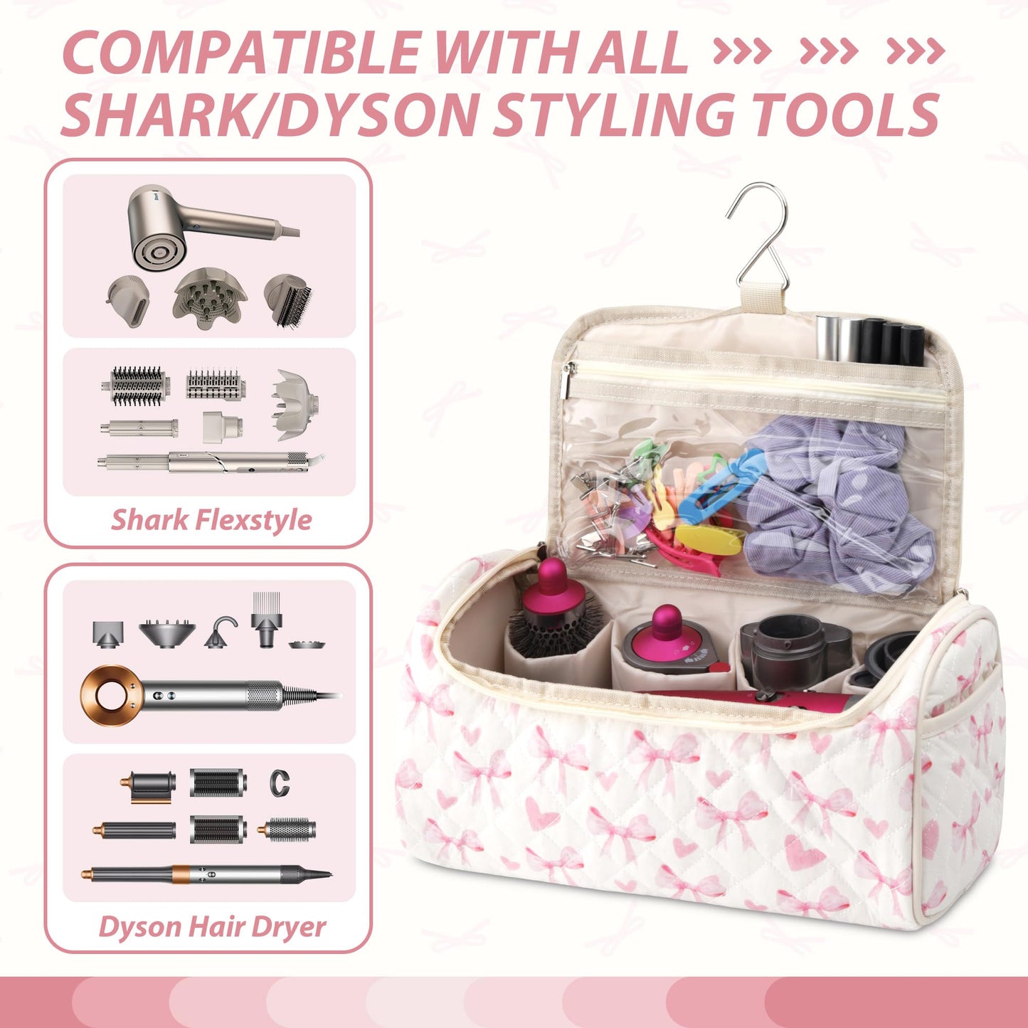 Linpr Travel Hair Dryer Bag with Hook for Dyson Airwrap Styler, Heart Pink