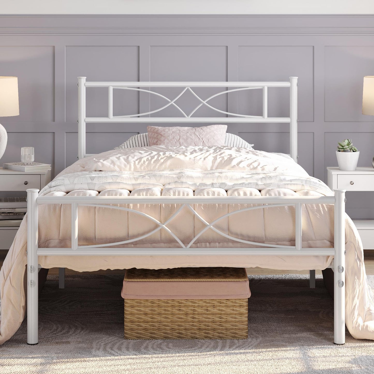 Yaheetech 3ft Single Bed Frames Metal Slatted Bed Platform with Curved Design Headboard and Footboard, Under-bed Storage, No Box Spring Needed, 12
