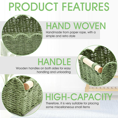 2Pcs Wicker Storage Baskets, Handwoven Organiser Boxes with Wooden Handles, Versatile Woven Bins for Bathroom, Kitchen, Pantry
