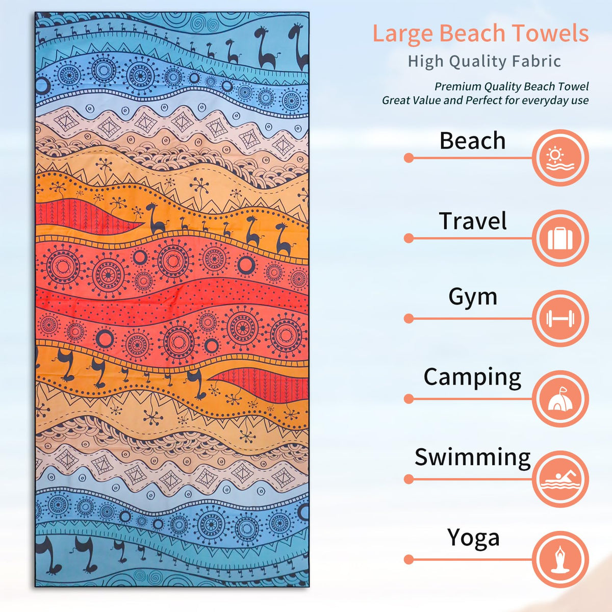Vorvowry Microfibre Beach Towels for Adults Women Men Extra Large Lightweight Quick Dry Sand Free Travel Towel Double Sided Printing for Swim Sports