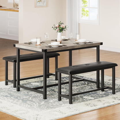 GarveeHome Dining Table with 2 Benches, 3 Piece Kitchen Table Set, Space Saving Dining Room Furniture, Metal Frame