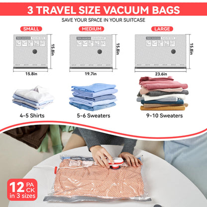 VACKFOX 12 Pack Vacuum Bags for Travel with USB & TYPE C Pump,Compression Packing Cubes for Luggage,Carry-on Space Saver Vacuum Seal Bags&Vacuum