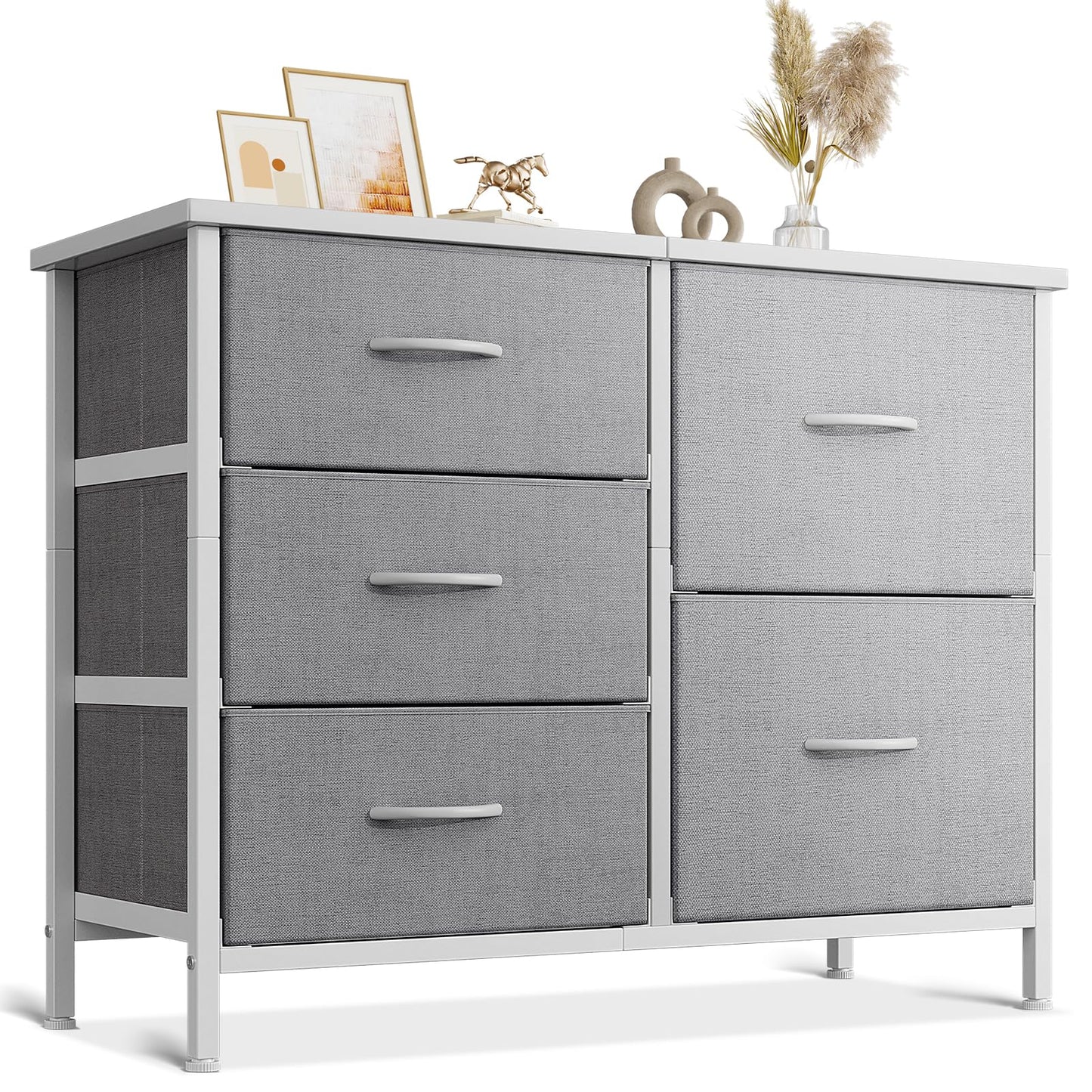 Coleshome Small Chest of Drawers Bedroom with 5 Fabric Drawers, Light Gray