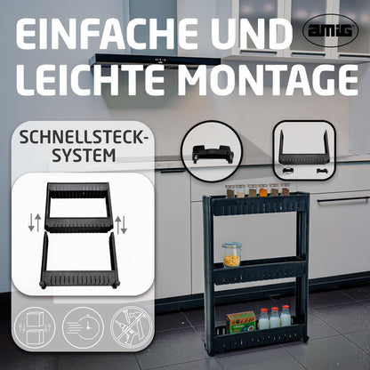 Amig - Narrow Storage Trolley with Wheels Böken - Black - 54 x 12 x 78 cm - 3-Tier Storage Unit for Bathroom