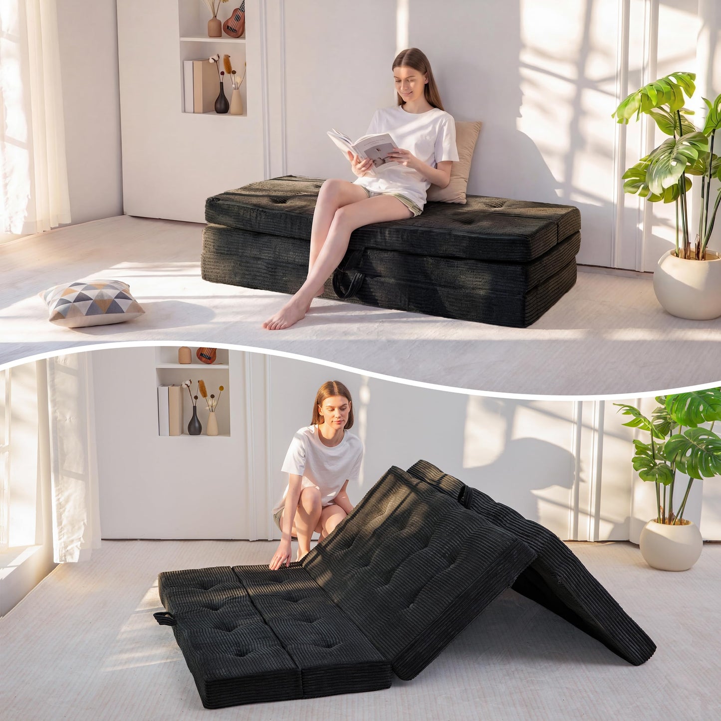 MAXYOYO Folding Mattress Single, Comfy Foldable Sofa Couch Bed, Guest Mattress with Handles Floor Futon Sofa Bed for Guest