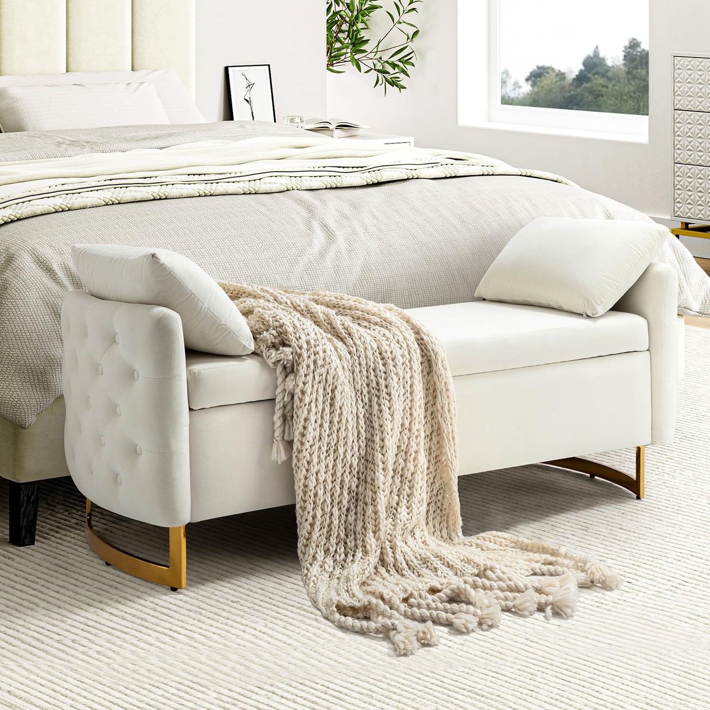 HULALA HOME Large Storage Bench with Metal Base for End of Bed, Ivory