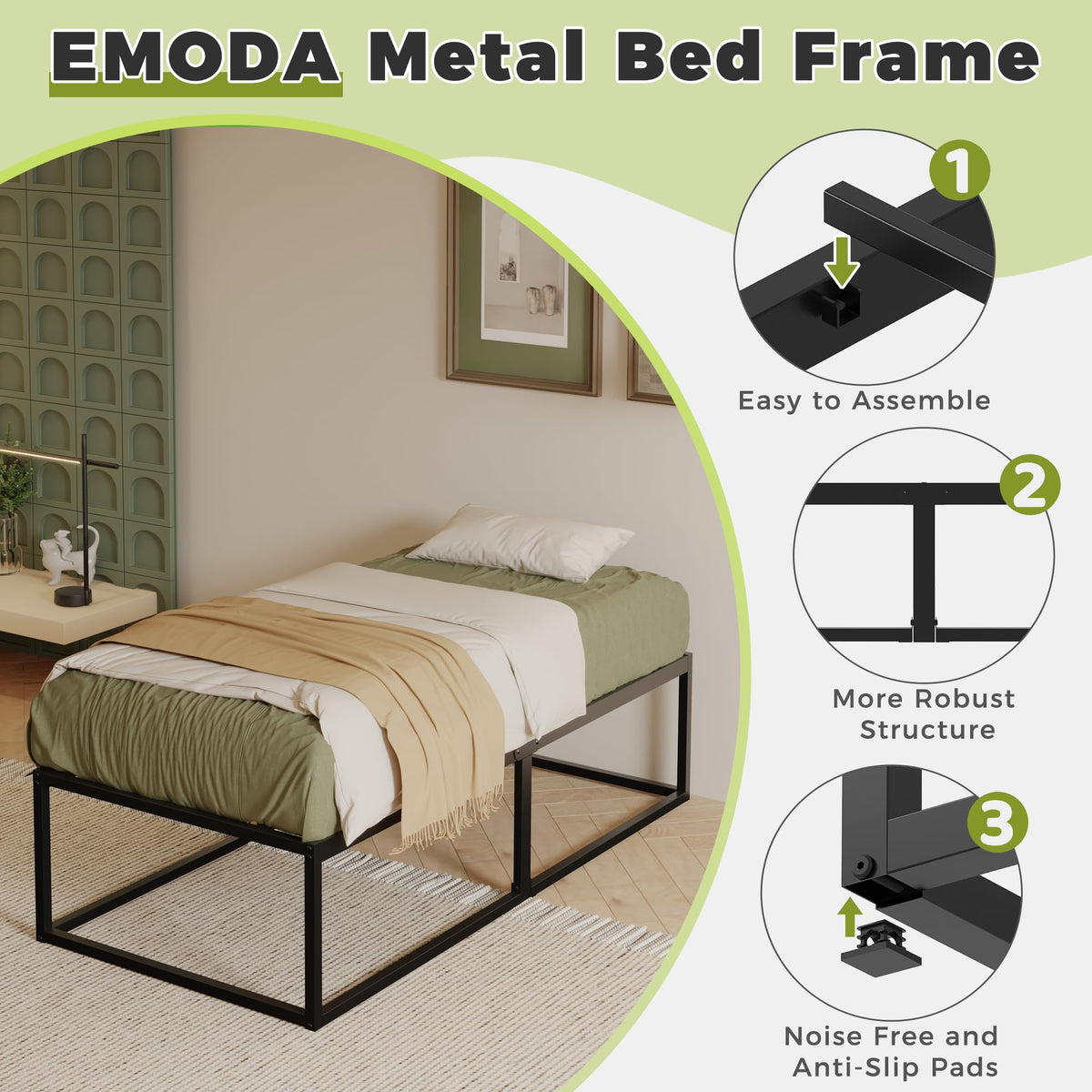 EMODA Small Single Bed Frame 75x190 cm with Sturdy Slats Support, Black