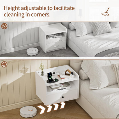 BonVache Set of 2 Floating Bedside Tables, Wall Mounted Bedside Table with Charging Station, Floating nightstand with Open Shelf and Drawer