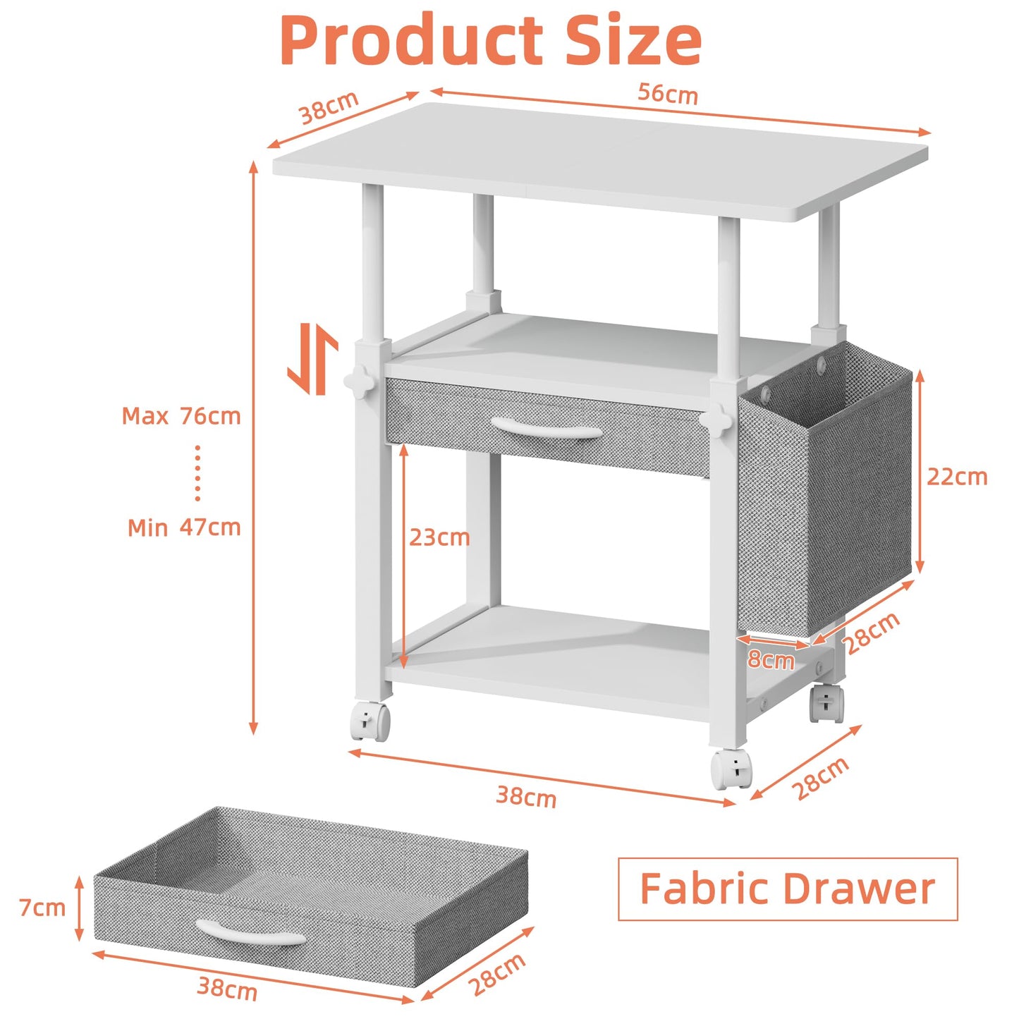 OYRREU 3 Tier Printer Stand on Wheels, Height Adjustable Mobile Table White