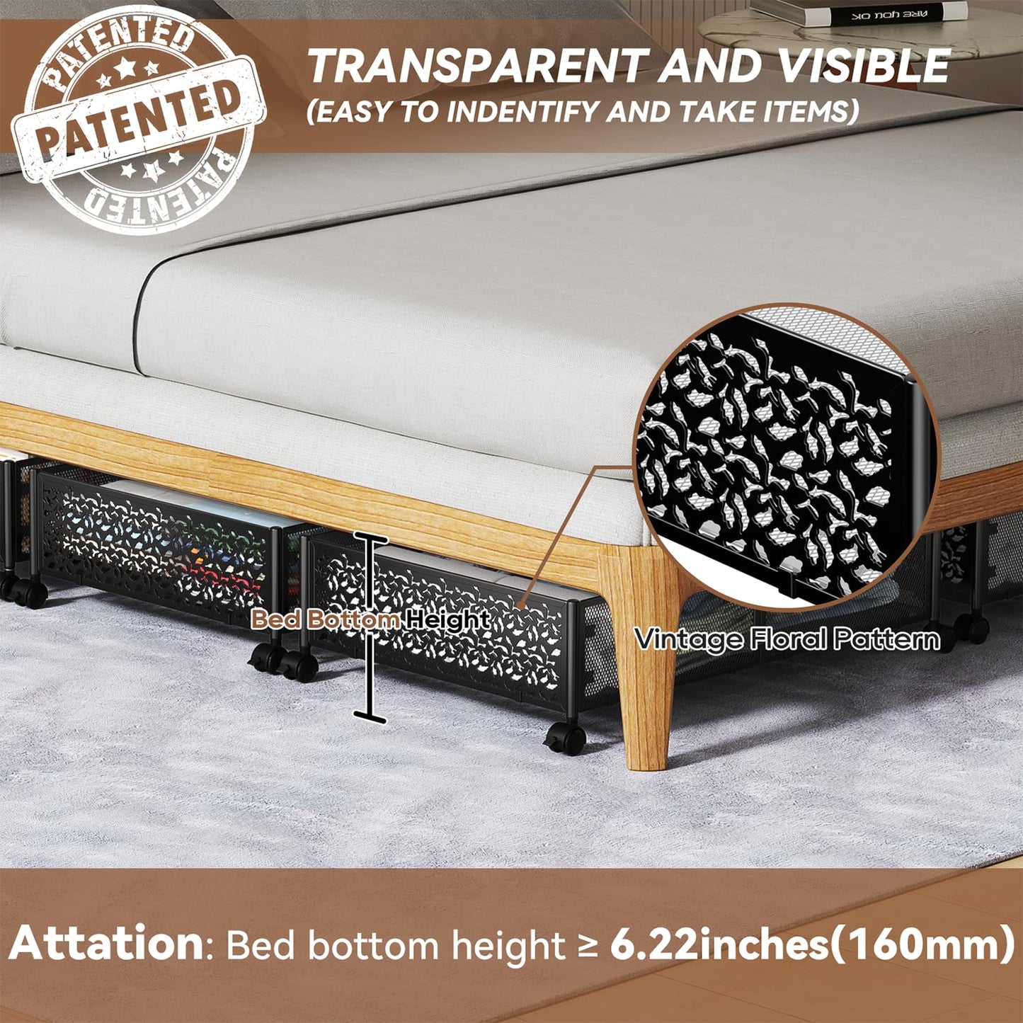 PHINOX Under Bed Storage Box on Wheels, Metal, Black, 2 Pack