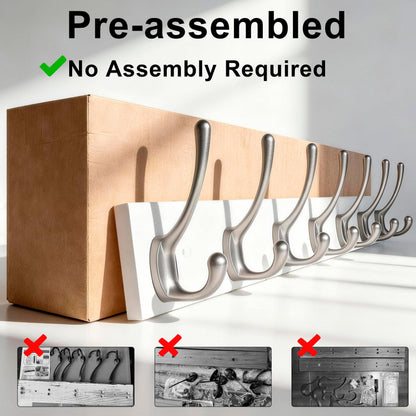 HONSKY Wall Coat Rack - 7 Double Hooks (50cm) | Wooden & Metal Towel/Coat Hanger for Entryway, Bathroom, Bedroom, Garage | Easy Install