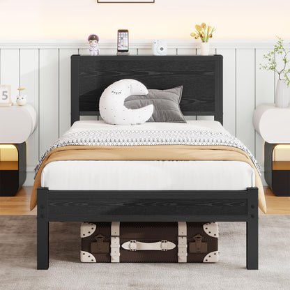 Rustic Single Bed Frame Wooden Storage Headboard Heavy Metal Base,Black