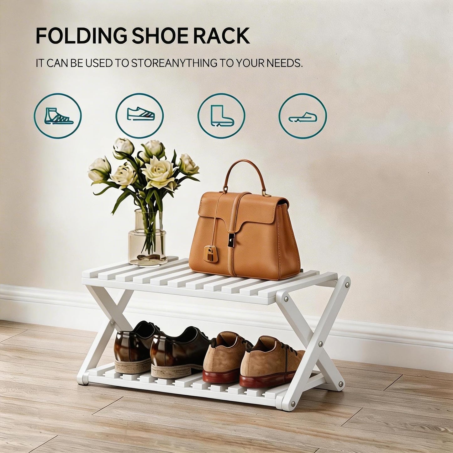 Momleix Folding Shoe Rack White, 2 Tier Shoe Shelf Without Installation, Sturdy Bamboo Storage Organiser for Entryway Closet, Dorm and Small Spaces