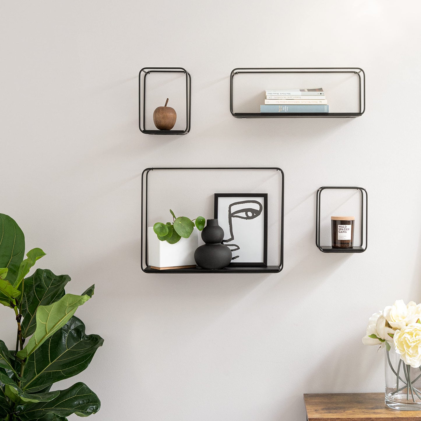 Kazai. Wall Shelves -Jona- | 4-Part Shelving Unit made of Metal and Real Wood Veneer | Wall Decor, Storage and Book Shelf for Bathroom, Living Room