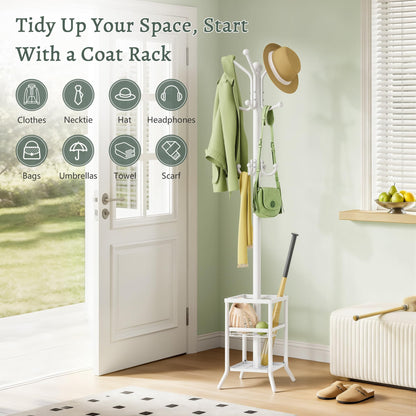 FAVOOSTY Coat Stand Coat Rack with 12 Hooks, Free standing Clothes Clothing Rack with Umbrella Holder, Hats