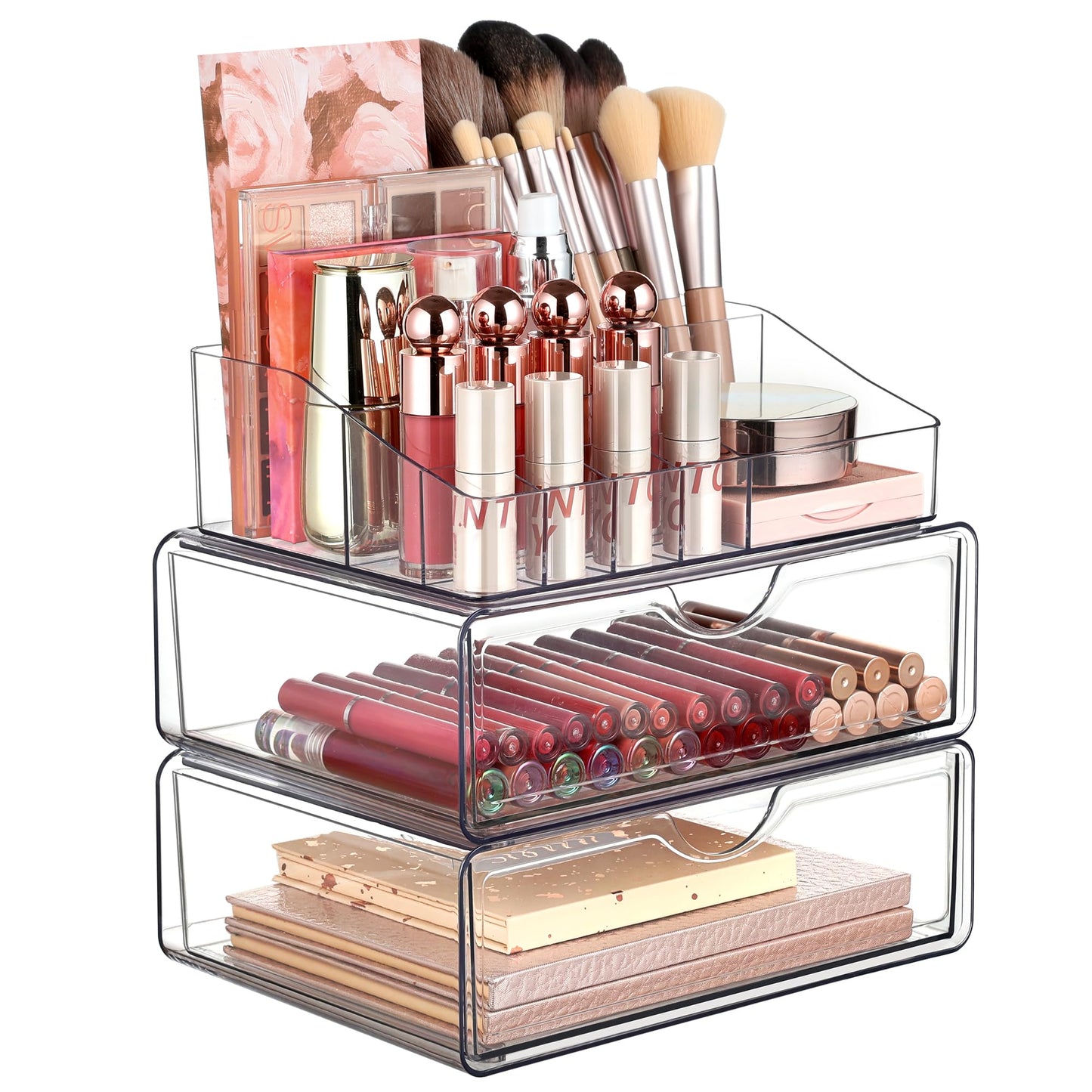 Vtopmart 3 Tier Clear Makeup Organizer with Drawer, Cosmetic Storage for Dresser Countertop and Bathroom Vanity, Beauty Holder for Lipstick Brush