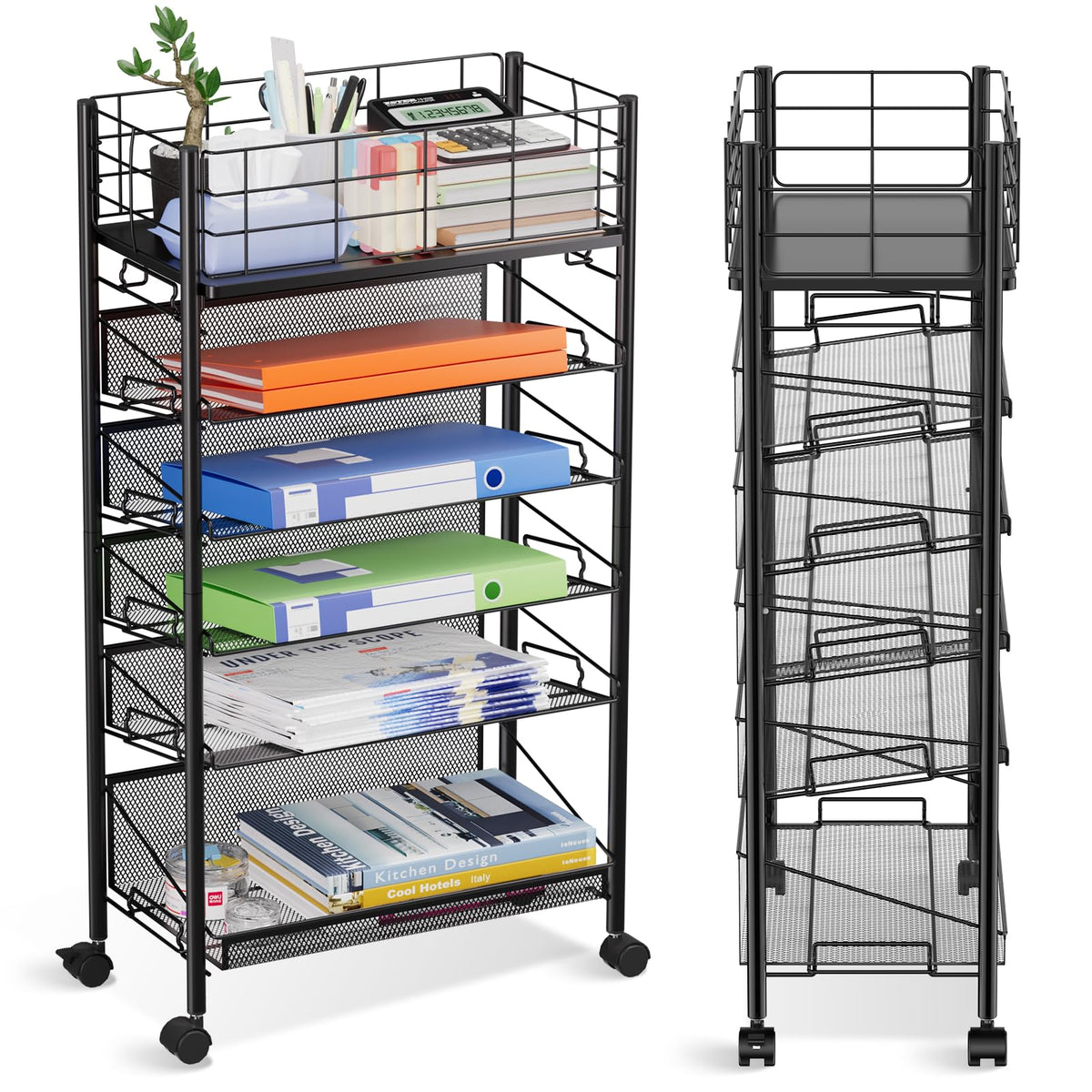 6 Tier Metal Mesh File Trolley with Lockable Wheels, Slim Rolling File Cart Desk Side Organiser