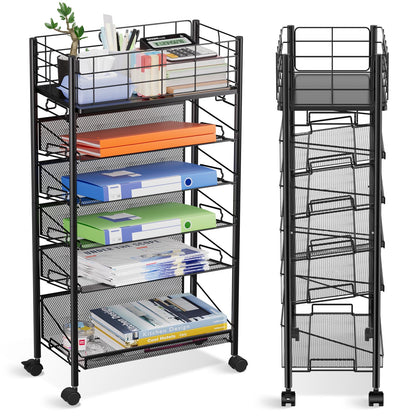 6 Tier Metal Mesh File Trolley with Lockable Wheels, Slim Rolling File Cart Desk Side Organiser