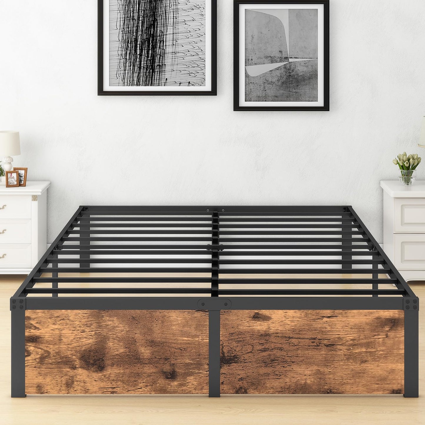 JUISSANO 5ft King Size Bed Frame with Wooden Footbed,Solid Metal Bed Frame Kingsize,Simple King Bed Frames for Bedroom,Guest Room,Easy