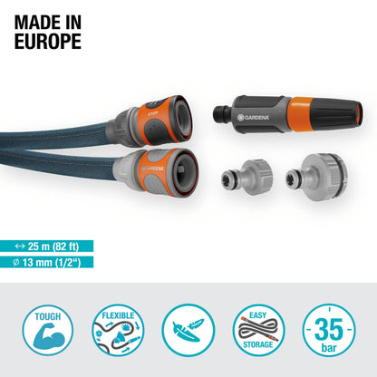 Gardena Liano Xtreme 1/2 inch, 25m set: Extremely robust textile garden hose, for indoor water taps, with PVC inner tube, lightweight,