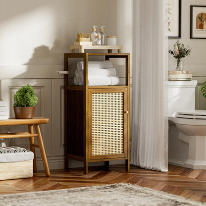vovala Bamboo Floor Cabinet, Bathroom Storage Organizer Rack with Single Rattan Door and 1 Shelf, Small Wooden Side Cupboard Stand for Entryway