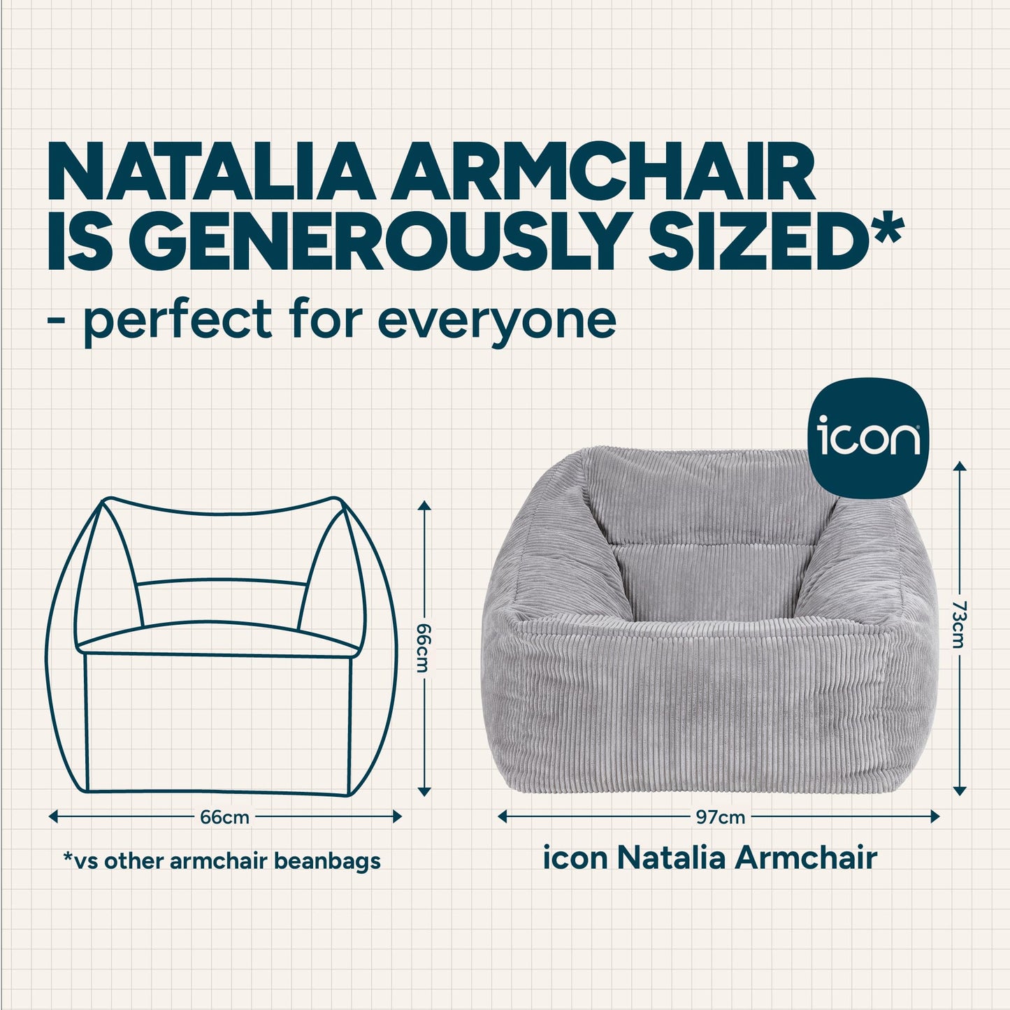 icon Natalia Cord Bean Bag Chair with Filling Included, Grey