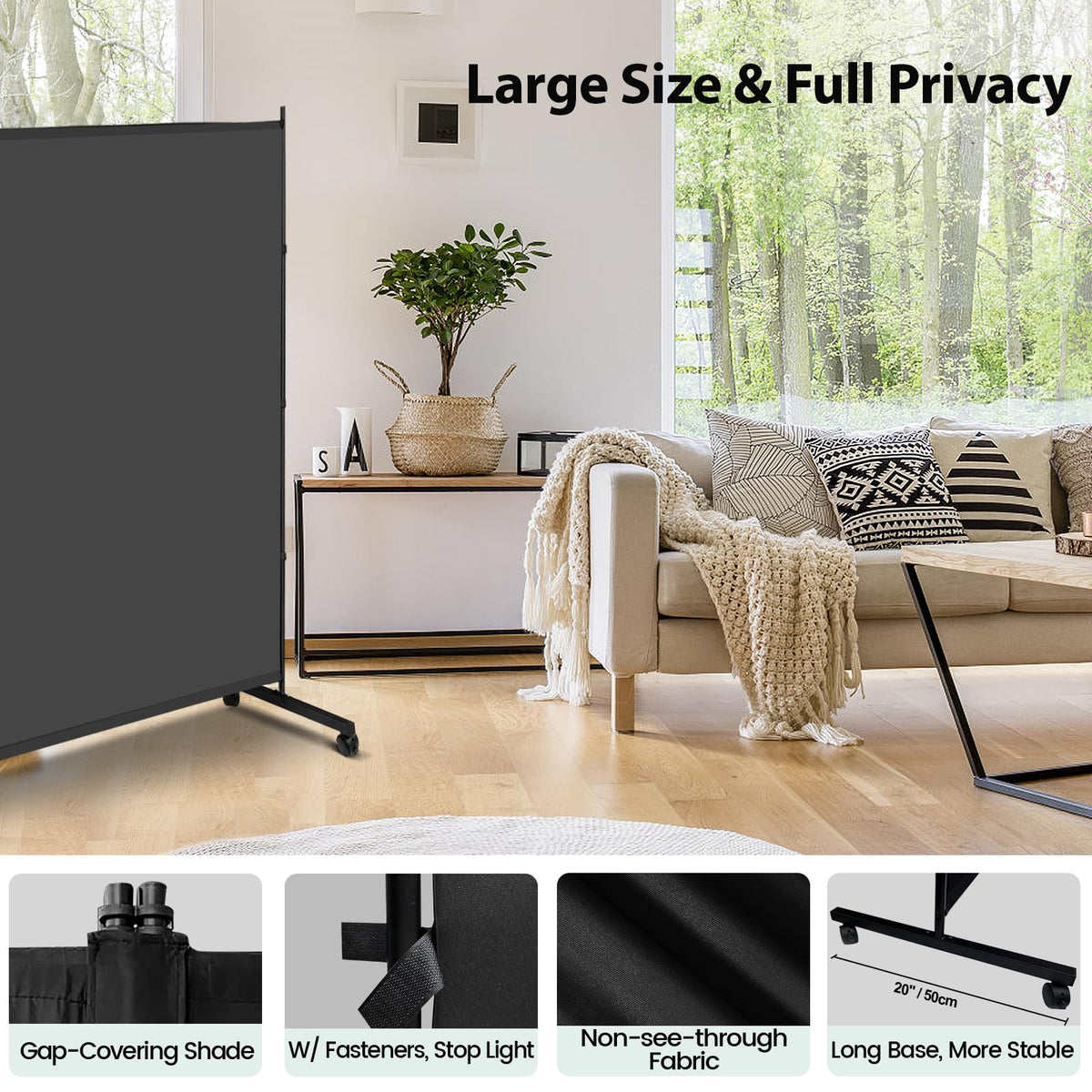 KEORTUN Single Large Room Divider Panel 180W x 190H cm Freestanding Privacy Screen Partition on Wheels for Office, Living Room and Bedroom, Grey