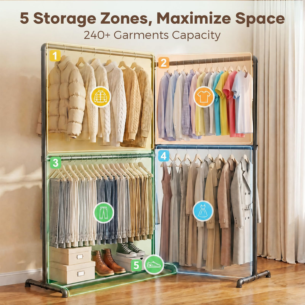 YasTant Heavy Duty Clothes Rail, Freestanding Clothes Hanging Rail with 4 Rails, 360° Foldable Side Arms, Bottom Shelf