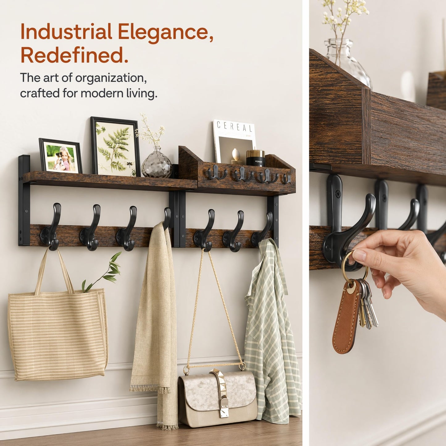 Xygobla Wall Mounted Coat Rack with Shelf and 11 Hooks, Carbon Steel and Solid Wood Organiser with Key and Mail Holder for Living Room, Bedroom