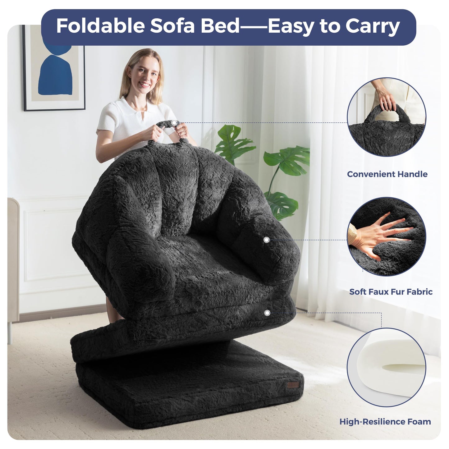 MAXYOYO Single Sofa Bed, Folding Bean Bag Chair, Faux Fur Fabric