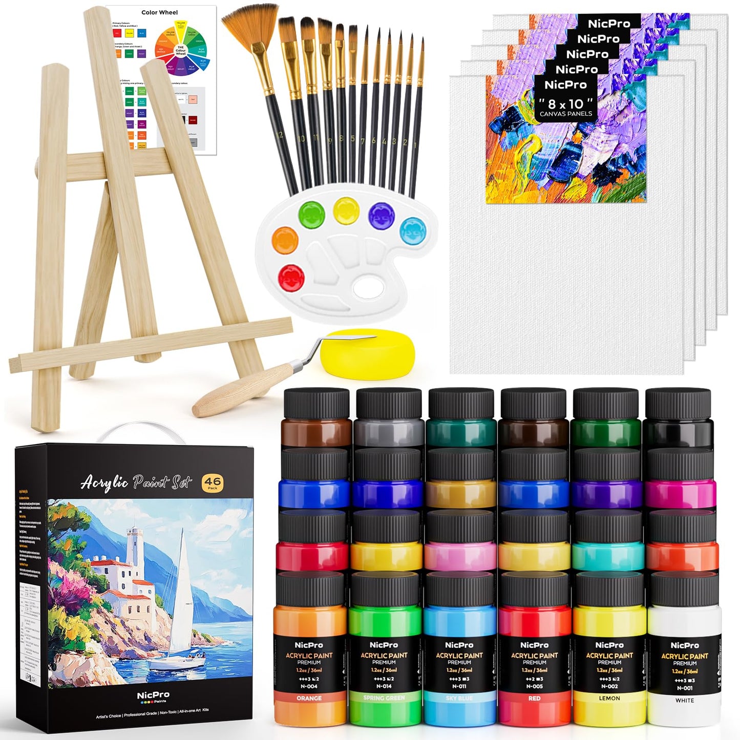 Nicpro Acrylic Paint Canvas Set for Adults, 46PCS Art Painting Supplies Kit for Adults with 24 Paints(36ML), Table Wood Easel, 5 Canvas Panels, 12
