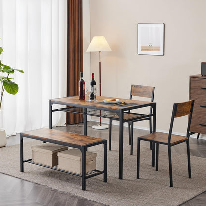 Bonnlo 4 Piece Dining Table Set for 4, Kitchen Table with 2 Chairs and a Bench, Space Saving Small Dining Set with Storage Shelf