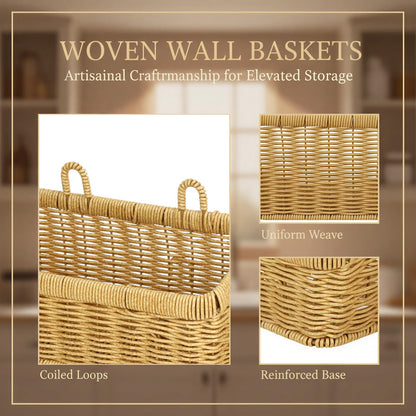 2 Pcs Wall Hanging Basket Set, Rattan Storage Basket with Hooks,2 sizes for kitchen bathroom garden
