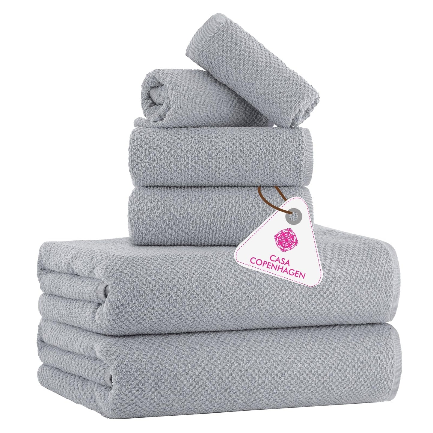 CASA COPENHAGEN Popcorn Textured 6 Piece Towel Set - Grey Violet, 550 g/m?, 2 Bath Towel, 2 Hand Towel, 2 Washcloth Towels Cotton Rough and Tough Use