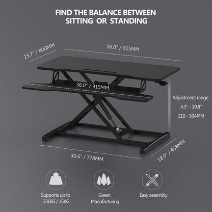 FITUEYES Standing Desk Converter 91.5x40 cm Height Adjustable Sit Stand Desk with Large Keyboard Tray and Phone Holder for Computer Laptop Dual