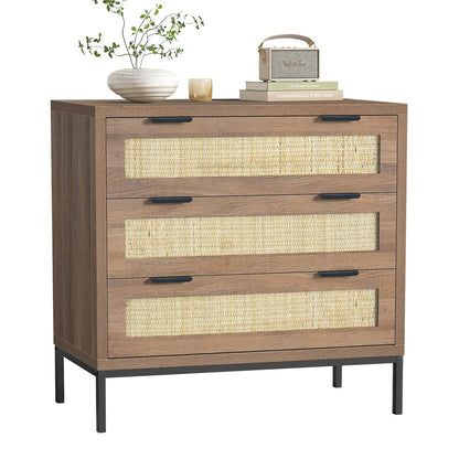 Skokliz Rattan Chest of Drawers with 3 Drawers, Storage Organizer for Bedroom, Wide Dresser Chest of Drawers, Modern Wooden Storage Unit for Hallway
