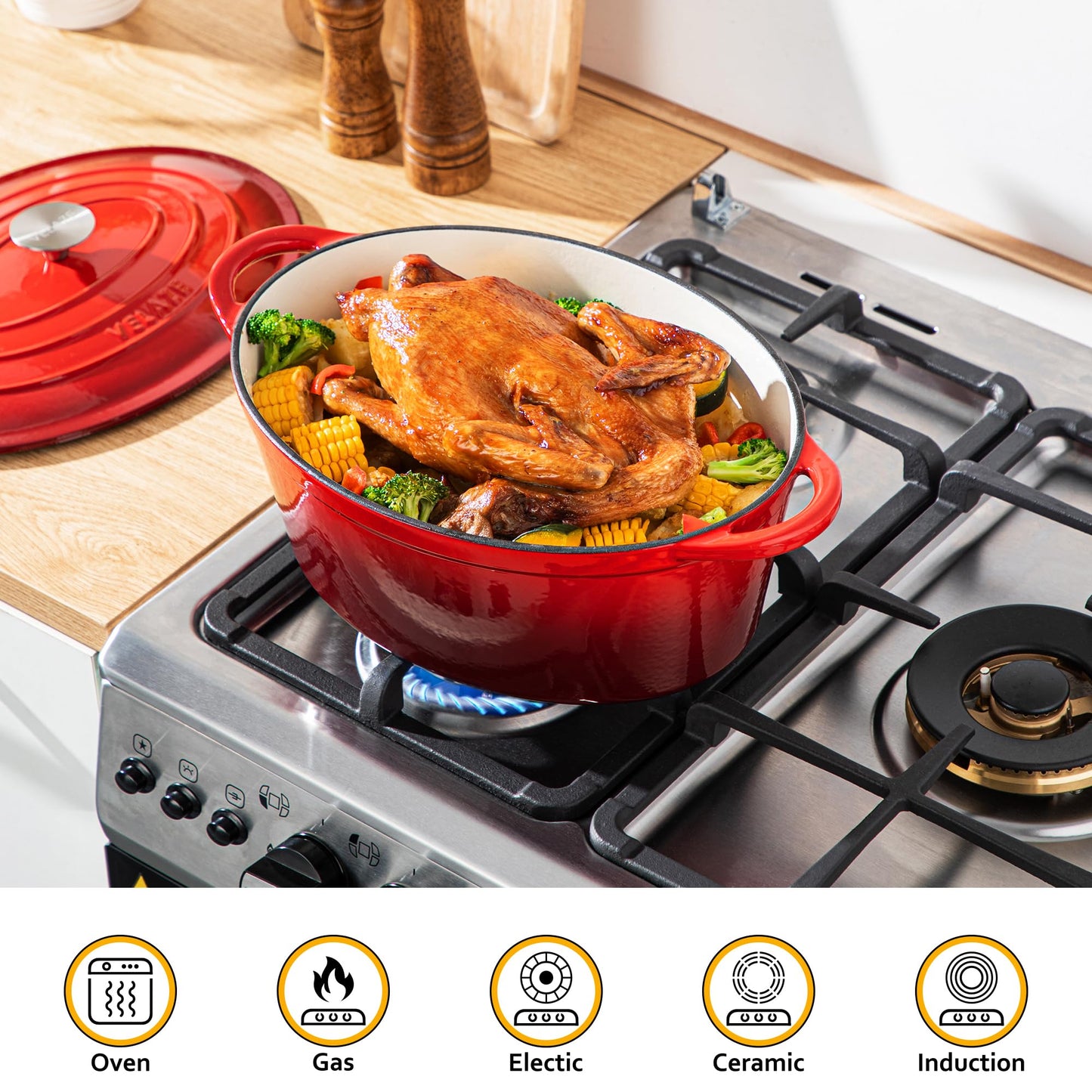 Velaze Cast Iron Casserole Dish with Lid, Non-Stick Cast Iron Dutch Oven for Home Baking, Braiser, Cooking,34cm/7.5L(Red)