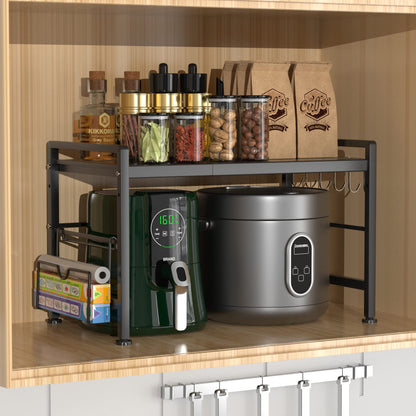 EKNITEY Extendable Microwave Oven Rack - Adjustable Kitchen Counter Shelf, 2 Tier Microwave Stand (L15.7~23.6" xW12.8 xH17.7) with 6 Hooks for Kitchen