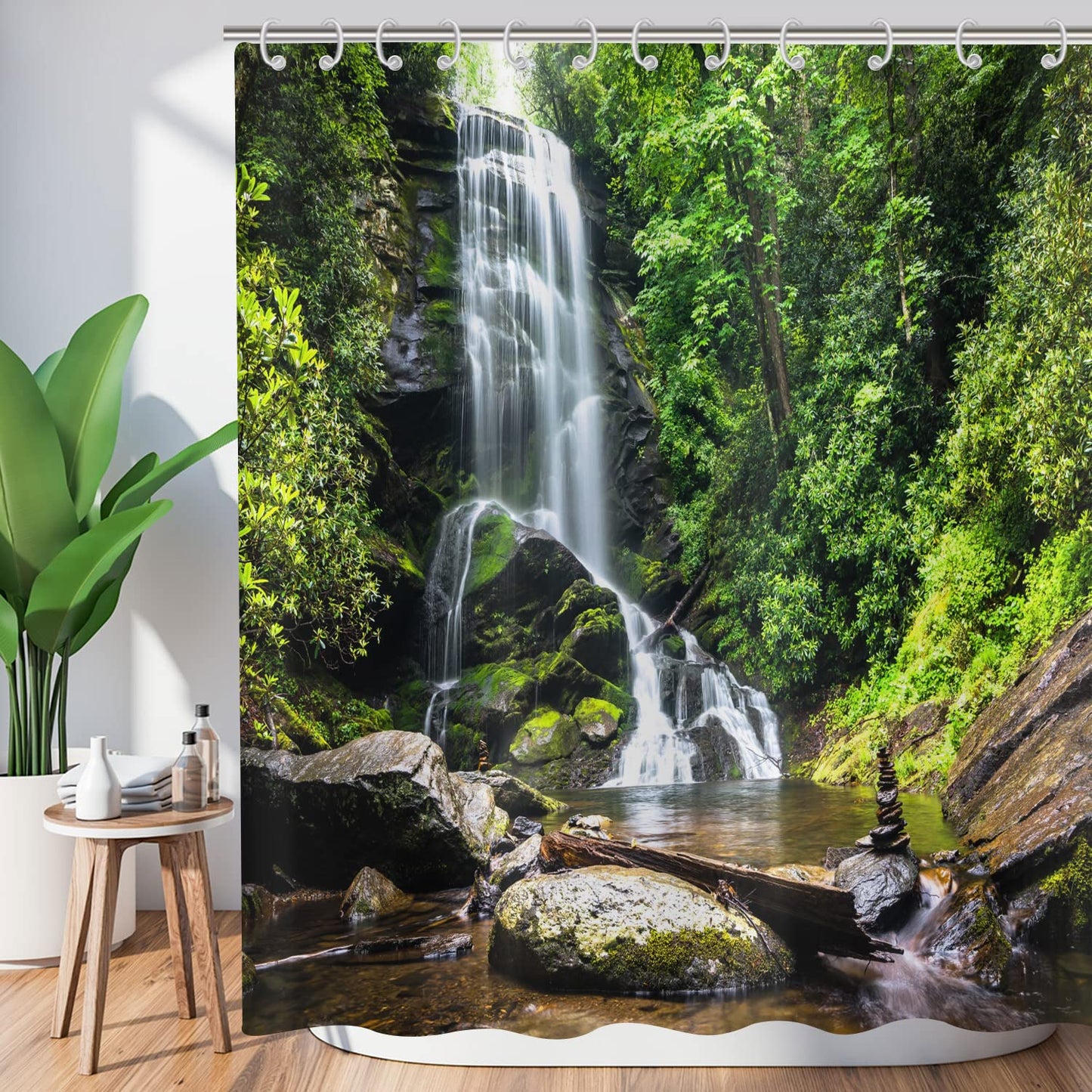 Hnmdmyi Forest Shower Curtain 120x180, Tropical Jungle Rainforest Green Tree Plant Nature Landscape Waterfall Scenery Bathroom Curtains Waterproof