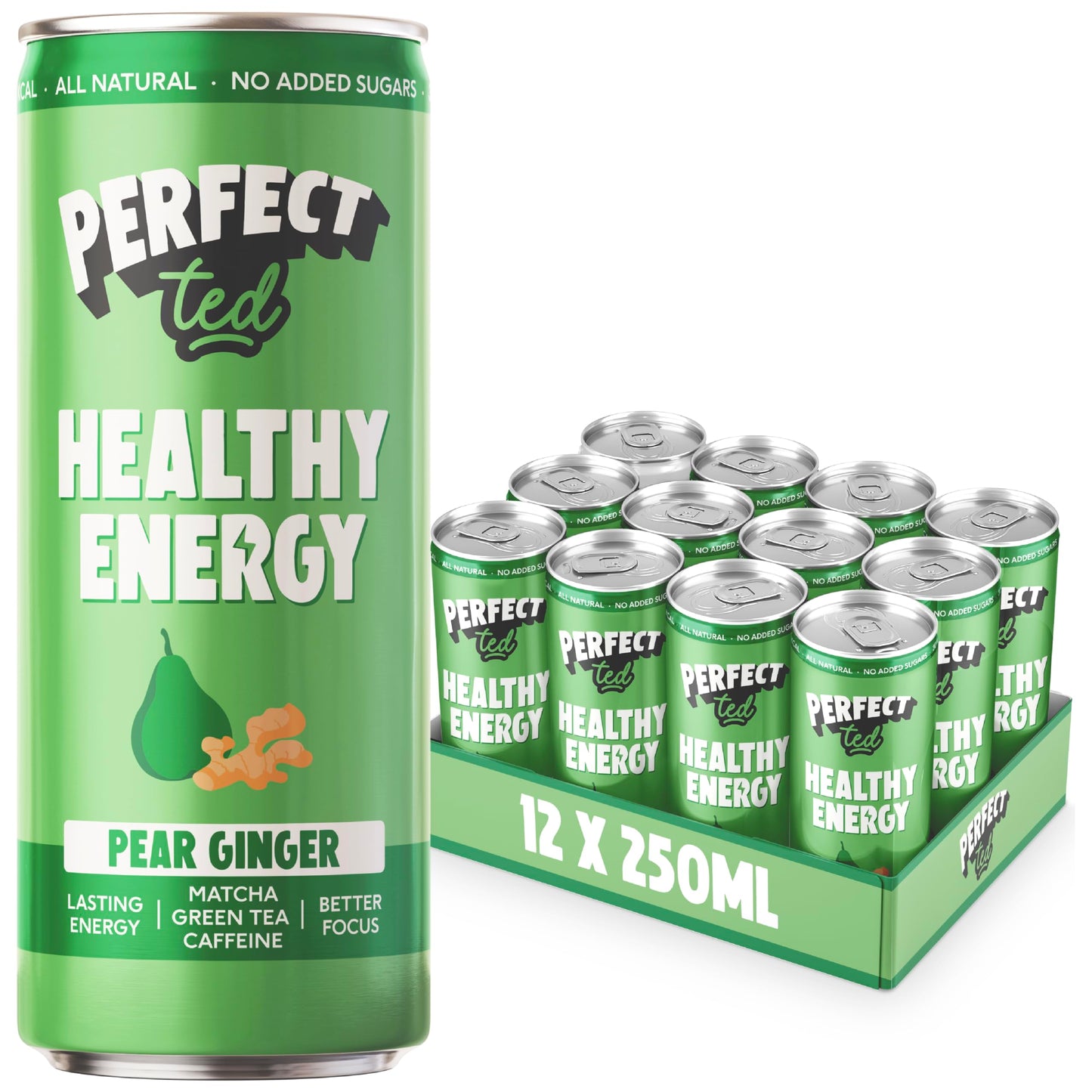 PerfectTed Pear Ginger Healthy Energy Drink, 12 x 250ml Cans, All-Natural Green Tea Caffeine (80mg) & L-Theanine | Low Calorie (30KCAL) | Vegan |