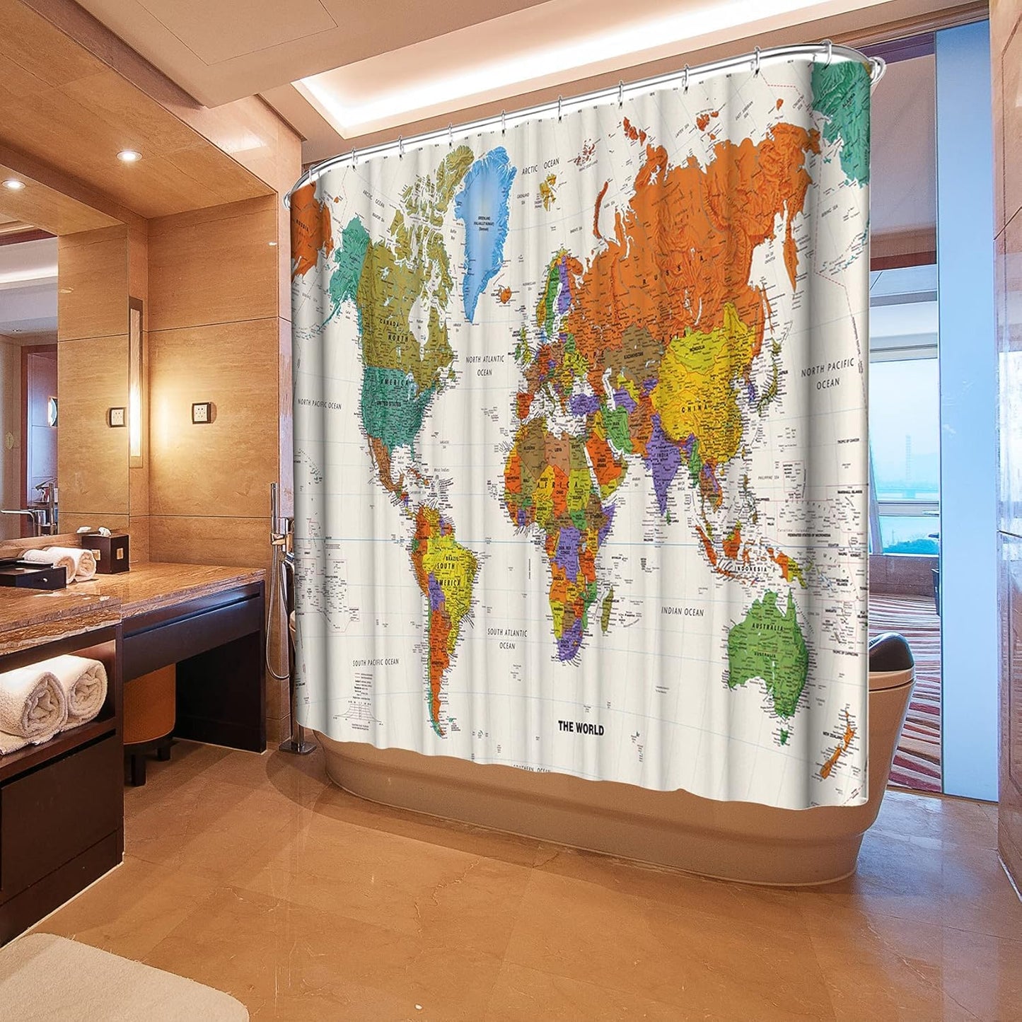 LIVETTY World Map Bathroom Shower Curtains Fabric Shower Curtain Waterproof Curtains for Bathroom Quick-Drying Kitchen Curtains Machine Washable with