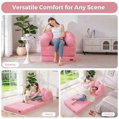 MAXYOYO Folding Sofa Bed with Backrest, Floral Shaped 2 in 1 Convertible Sofa to Comfy Faux Fur Bean Bag Chair for Adults