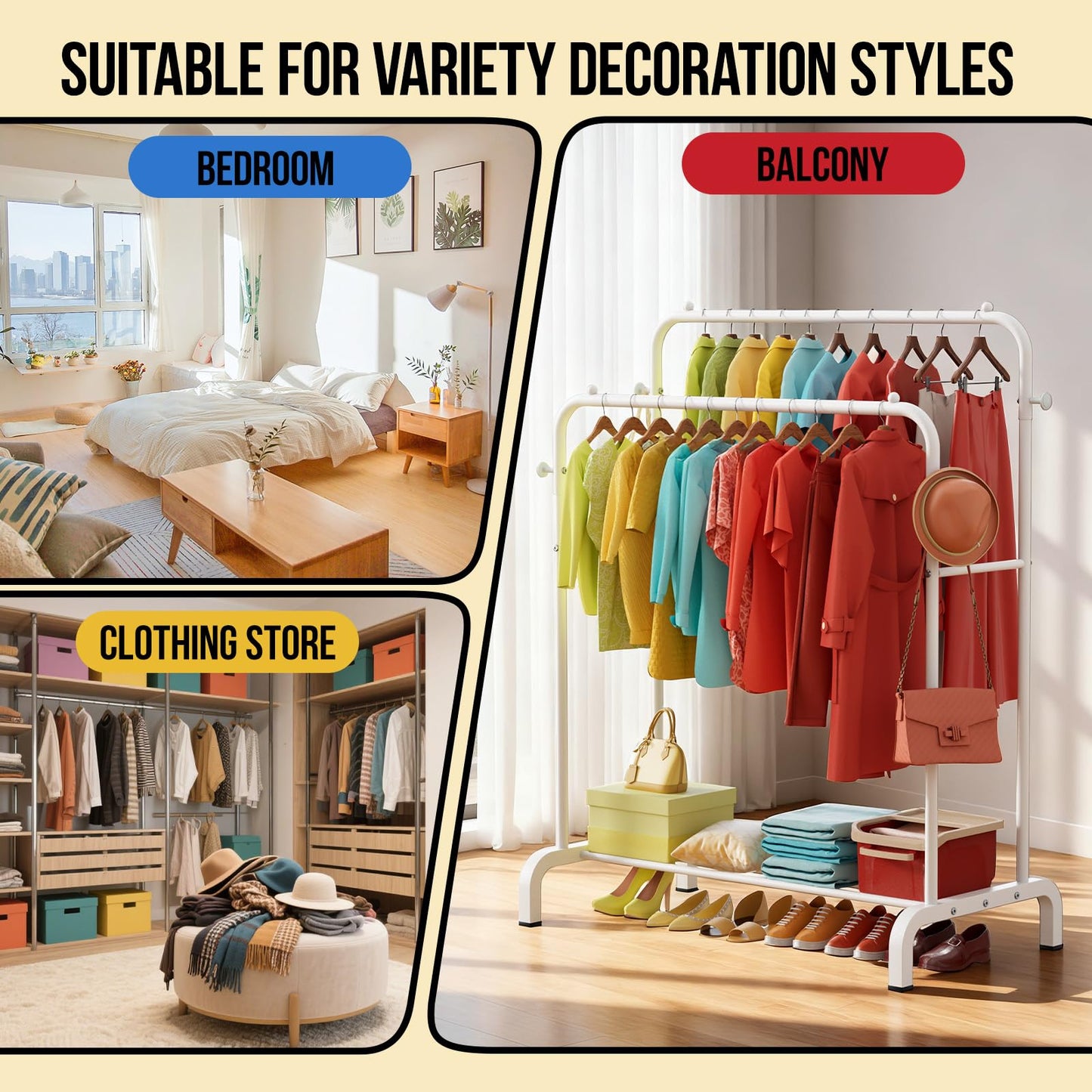 Clothes Rail With Shelves, Double Rods Clothing Rail for Bedroom, White