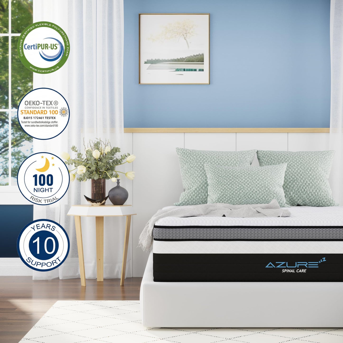 Azure Spinal Care 3FT Single Mattress - Medium Firm Orthopedic Support - 100 Night Trial - 10 Inch Hybrid Gel Memory Foam for Back Pain Relief