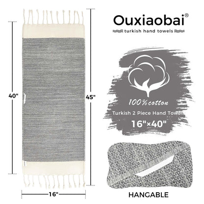Ouxiaobai Hand Towels for Bathroom - Pack of 2 Turkish Hand Towels Set, Thin Decorative Tea Towel, 16x40 Inch Kitchen Cloth with Tassel