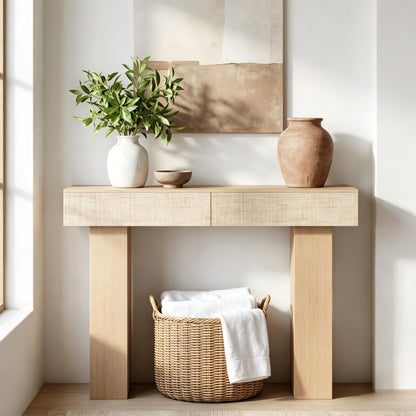 DAWNYIELD Console Table with 2 Rattan Drawers, Wooden Sofa Table