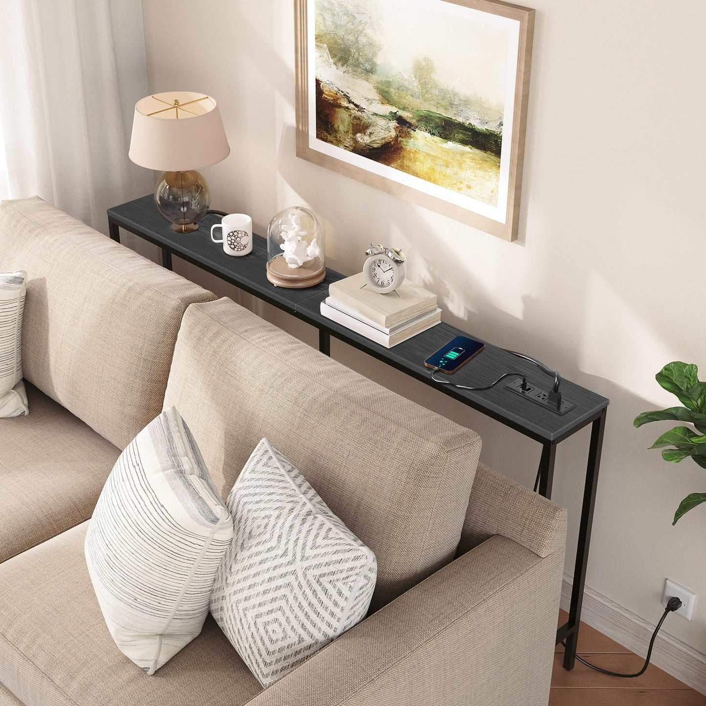 MAHANCRIS Skinny Console Table with Power Outlets, 160 cm Narrow Sofa Table, Behind Couch Table with Charging Station for Plants, Living Room