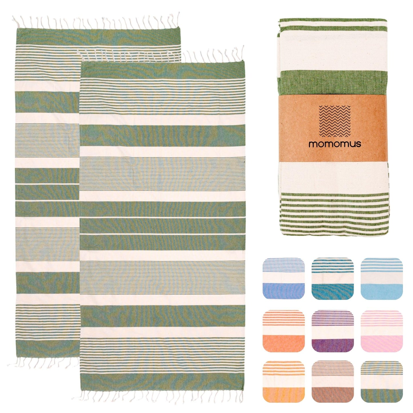 MOMOMUS 2 Pack XL Fouta or Cotton Beach Towels for Adults - Compact, Ultra-Soft, Absorbent - Extra Large Beach Towels for Adults - Khaki 90x180cm