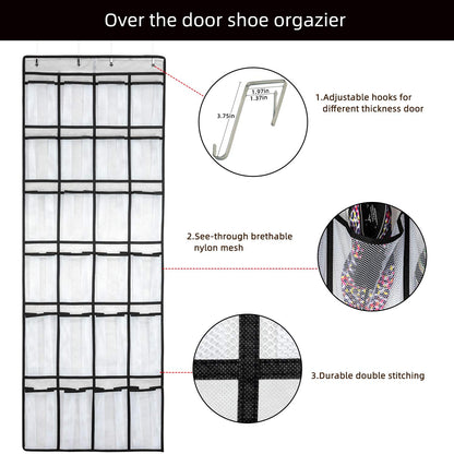 SAVERHO Over The Door Shoe Organizer, Hanging Shoe Organizer with 24 Mesh Large Pockets Door Shoe Rack Organizer for Men Women Kids Hanging Shoe
